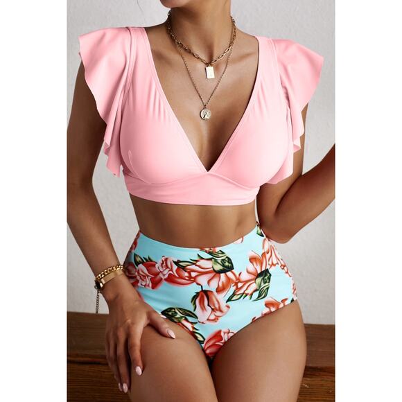 NWT Pink Ruffle Shoulder Top Floral Printed High Waist Bottom Bikini - Large - Picture 1 of 9
